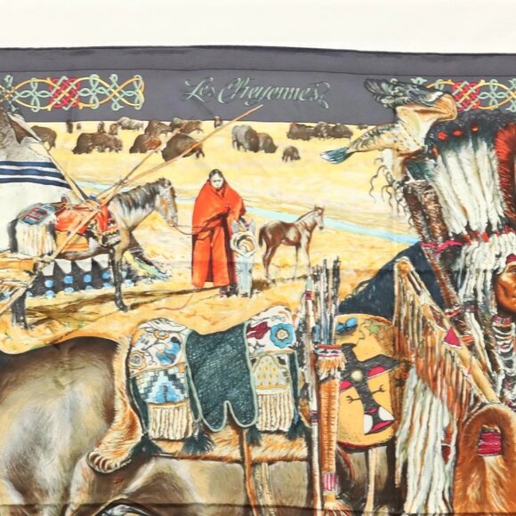 HERMES Carre 90 Scarf ""Les Cheyennes"" Silk Brown - Picture 3 of 14